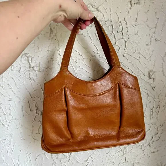 Vintage 60s 70s Tan Top Handle Handbag Structured Mod Purse Caramel Brown Frame - Picture 12 of 12